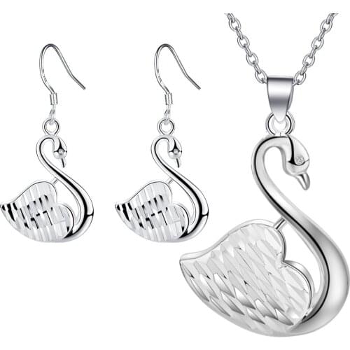 Lovely swan design Silver color pendant necklace & Earrings Jewelry Set Fashion party style for woman good quality ST056