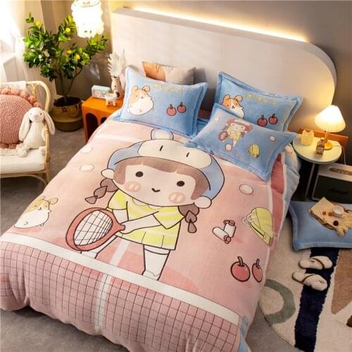 Pink/tennis girl simple cartoon style winter coral velvet delicate warmth velvet home textile four-piece quilt cover