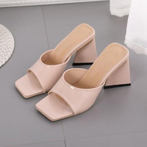 Slippers Women Summer Luxury 2021 New ZAR Fashion 8 CM Square Toe High Heels Woman Shoes On Heels Sandals Apricot Plus Size 42
