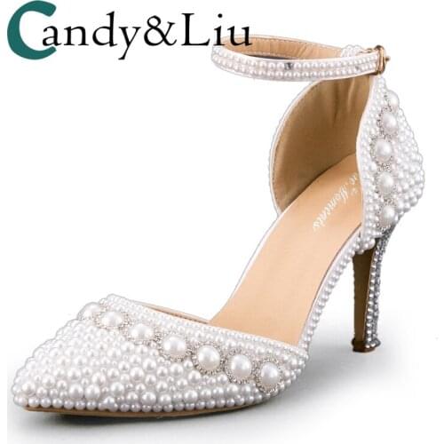 White Pearl Crystal Sandals High Heel Pointed Toe with Ankle Strap Women Shoes for Wedding Bridesmaid Party Banquet Handemaid