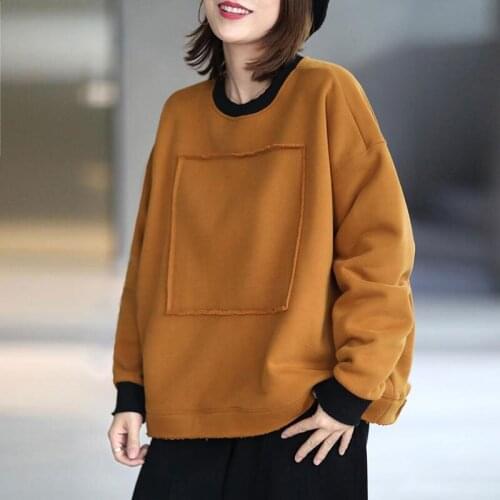 Warm Cotton Long Sleeve Hoodies Autumn New Arts Style Women O-Neck Loose Casual Solid Pullovers Plus Size Thicken