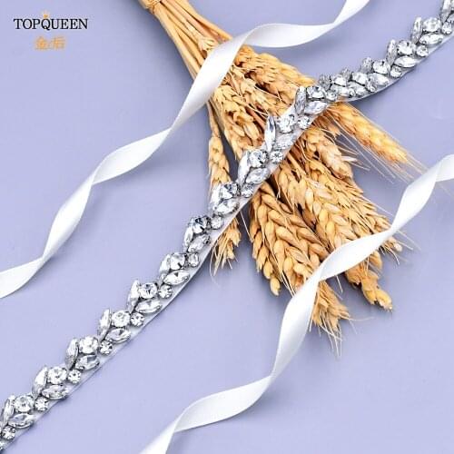 TOPQUEEN S468 Thin Wedding Belt Ivory Bridal Sash Formal Belts for Women Dresses Bridesmaid Belt Sash Rhinestone Applique Belt