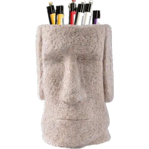 Home Decoration SandStone Easter Island Moai Figurines Pen Holder Miniatures Easter Day Pukao Statuettes Vintage Home Decor Gray