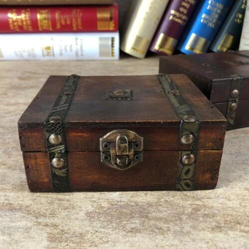 Vintage Wooden Treasure Chest Storage Box Lock Organizer Case Foldable Mini Small Wood Home Decor Container Trinket Jewelry Bin