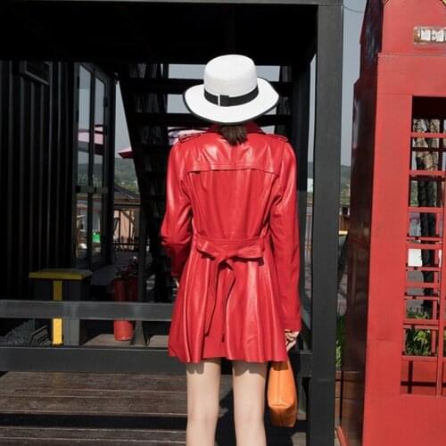 Women Genuine Leather Lapel Sashes Slim Long Jacket Brand Double Breasted Windbreakers Fashion Long Sleeve OL Sheepskin Coat