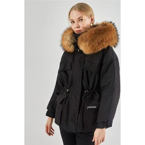 Classic Windproof Women Winter Warm Hooded Waist Parka With Thick Duck Down Filling Real Big Raccoon Trim MediumLong Puffer Coat
