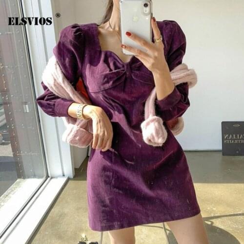 Autumn Sexy Fashion Women Bowknot V Neck Corduroy Dress Casual High Waist Puff Sleeves Slim Short Dress Elegant Sweet Style Lady
