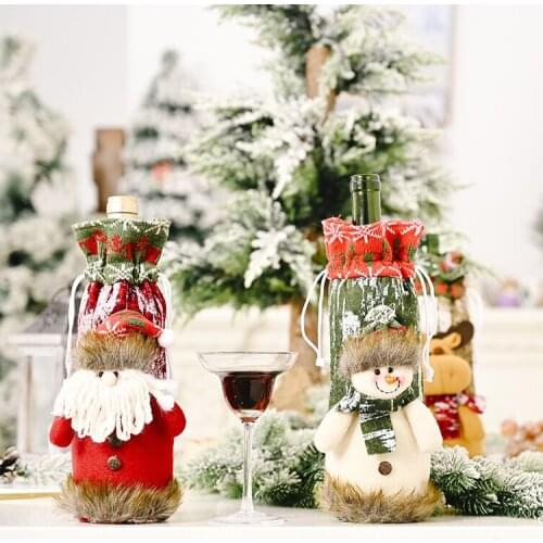 Zollor Christmas Red Wine Bottle Covers Bag Santa Clause Snowman Linen Champagne Bottle Covers Christmas Party Home Decor Table