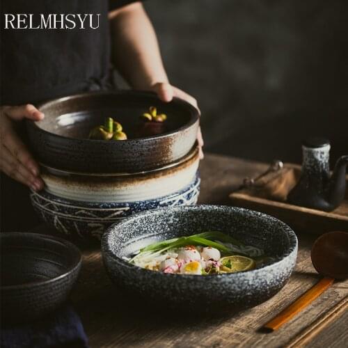 1PC Japanese Style Ceramic Thickened Large Shallow Soup Spicy Noodle Dinner Bowl Tableware With 1Pair Chopsticks