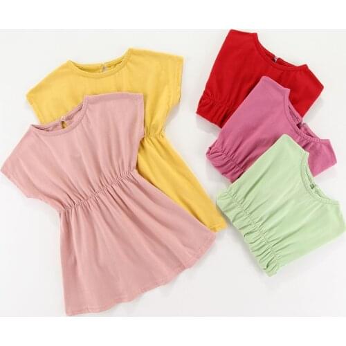 2021 Korean Summer Baby Girls Dress Solid Round Neck Cotton Children Clothes Toddler Basic Kids Short Sleeve Shirt