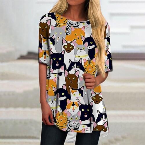 40# Tshirts Women Summer Cute Cat Print Short Sleeve Round Neck T-shirt Casual Streetwear Oversize Female Top T Shirts Рубашки