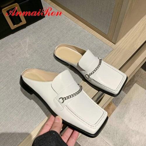 ANMAIRON Mature Square Toe Sewing Women Shoes Genuine Leather Spring/Autumn Outside Metal Decoration Square Heel Women Slippers
