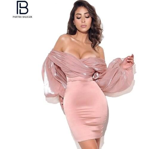 PB Chic Pink Satin Mini Dress Draped Design Sexy Off Shoulder Long Sleeves Celebrity Party Club Vestido Free Shipping