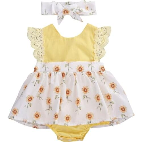 0-24M Newborn Infant Baby Girls Bodysuits Headband 2pcs Sunflowers Print Lace Ruffles Sleeve Jumpsuits