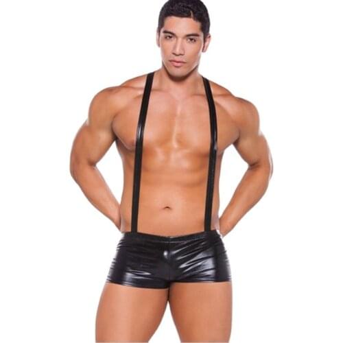 Sexy Men Shiny U Convex Pouch Boxer Faux Leather Strap Stage Boxers Bodysuit Jumpsuits Jockstrap Shaper Gay Wear Plus Size F16