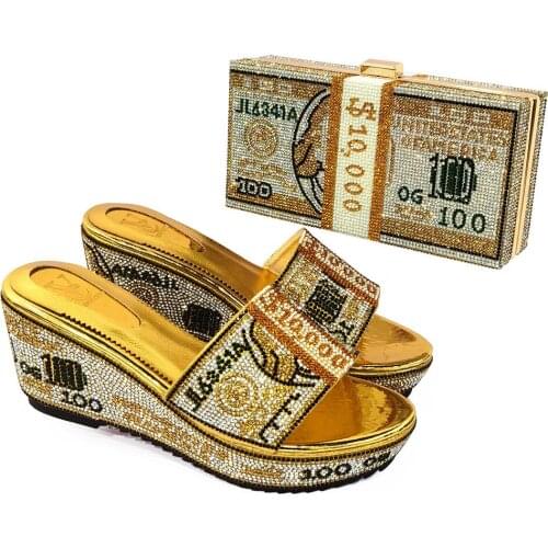 CR191 Summer Shoes For Women 2021 African To Match design Designer Shoes And Bag Set High Quality In Golden Color