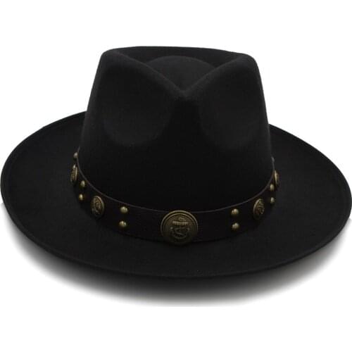 Women Men Felt Fedora Hat With Wide Brim Jazz Hat Gentleman Sombrero Lady Dad Church Hat Steampunk Belt Size 58CM