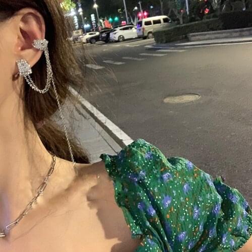 FYUAN Long Tassel Crystal Earrings for Women Geometric Rhinestone Ear Clip Earrings Fashion Jewelry Party Gifts