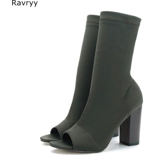 Ins Fashion Women short sandal boots elastic army green ankle boot autumn woman shoes square heel peep toe female dress shoes