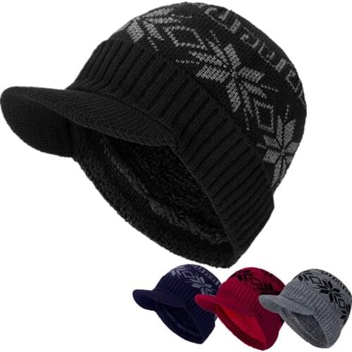 New Men Warm Winter Hat With Brim Stylish Add Fur Lined Soft Beanie Hat Thick Winter Hats For Men Knitted Hat