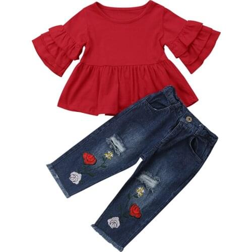 Ma&Baby 1-6Y Spring Toddler Kid Girl Clothes Set Valentines Day Children Outfit Ruffles T shirt Flower Jeans Denim Pants Costume