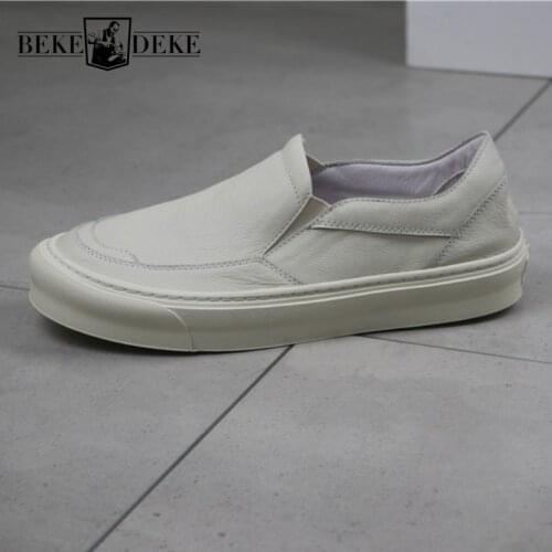 High Street Men Hip Hop Flat Shoes Genuine Leather White Casual Shoes Summer Vintage Japan Style Loafers Male Mocassin Homme