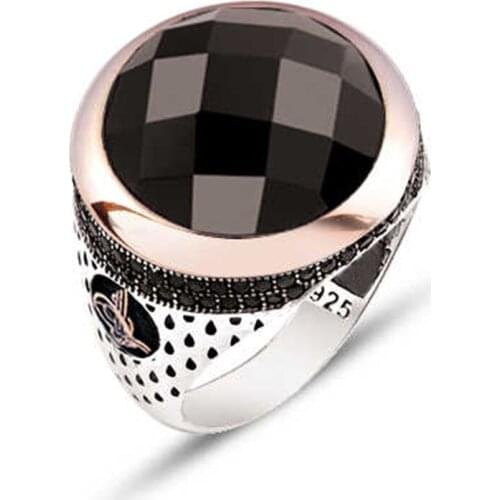 Silver Black Facet Gemstone Sides Tuğra Embroidered Men 'S Ring