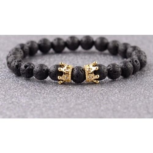 8mm Natural Lava Stone Beads Mens Crown Bracelet pulseras hombre moda 2018 Charm King Volcanic Rock Yoga Bracelet Jewelry Gift