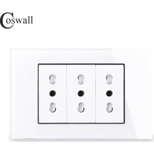 Coswall White Tempered Glass Panel Wall Power Socket Universal EU / Italian / Chile Outlet With Children Protective Door