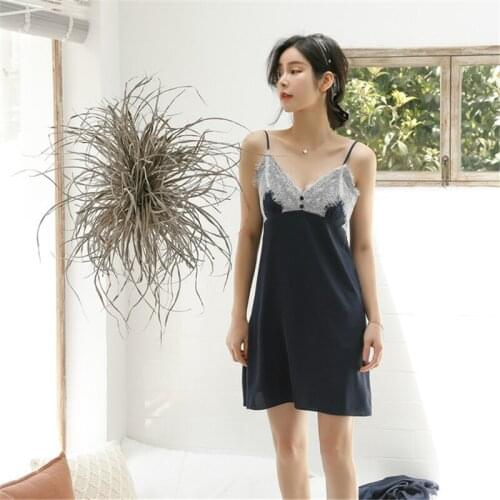 Nightdress female summer sexy sling Korean female cute skirt with chest pad ice silk home service one-piece nightdress pijama