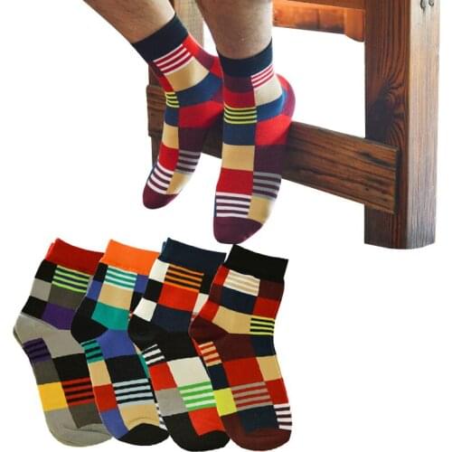 6 Pairs Men Socks Comfortable New Cotton Korean Casual Cotton Socks Color Grid Cotton Fashion Classic Plaid Shaping Socks Male