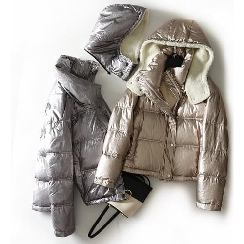 New Fashion Glossy Down Jacket Women Winter Warm Down Parka Coat Short Female Thick Lambswool Hooded Duck Down Outwear Spacesuit
