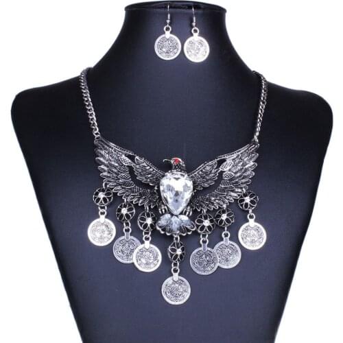 New Crystal Eagle Coin Tassel Bib Statement Necklace Earring Set Metal Hollow Out Owl Exaggerated Jewelry Set For Women