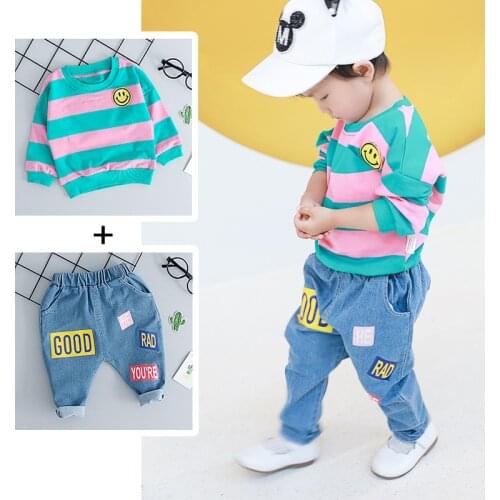Baby boys clothes baby girls clothes spring and autumn two-piece suit cotton striped clothes smiley T-shirt pants suit