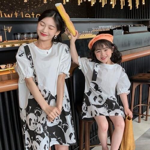 Menoea Mother Daughter Family Matching Outfits 2021 New Summer Cartoon Print Dresses Korean Fashion Children Cotton Clothing