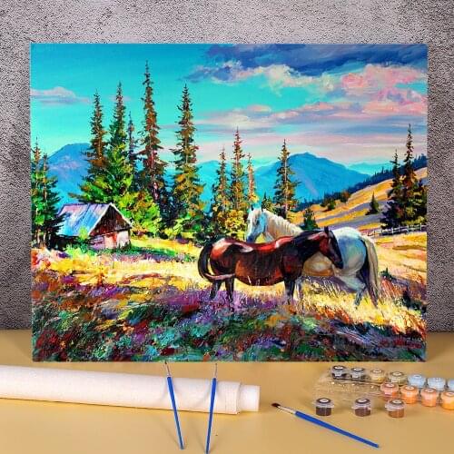 Landscape Horses Coloring By Numbers Painting Complete Kit Oil Paints 50*70 Canvas Painting Wall Decoration For Handicraft