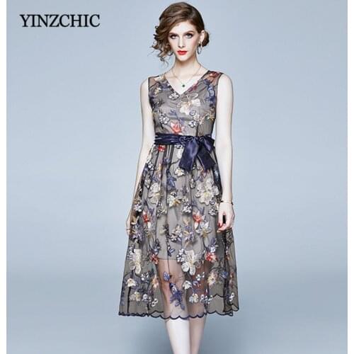 Summer Woman Floral Mid Dress Sleeveless V-neck Slim A-line Skirt Dress Skirt Sash Waisted Female Elegant Embroidery Dress