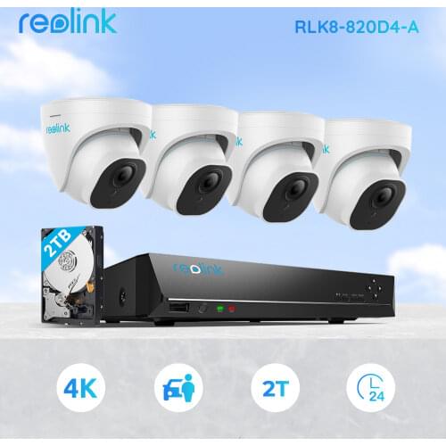 Reolink Smart POE NVR Kit 4K Ultra HD 24/7 Recording 2TB HDD Featured with Human/Car Detection Home Security System RLK8-820D4-A