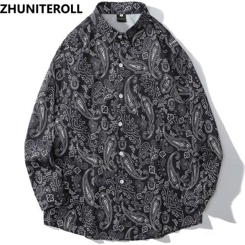 Harajuku Bohemia Shirts Mens Paisley Print Hip Hop Button Down Longsleeve Shirt For Men Streetwear Fashion Hawaiian Beach Tops