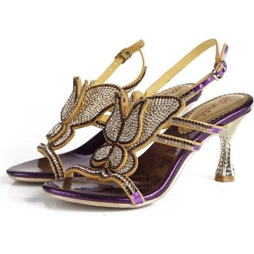 2019 Summer Wild Mysterious Purple Cup Heel Sandals Open Toe Retro Bohemian High Heels Butterfly Pattern Rhinestone Sandals 8CM