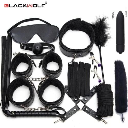 Sexy Leather BDSM Kits Plush Sex Bondage Set Handcuffs Sex Games Whip Gag Nipple Clamps Sex Toys For Couples Exotic Accessories