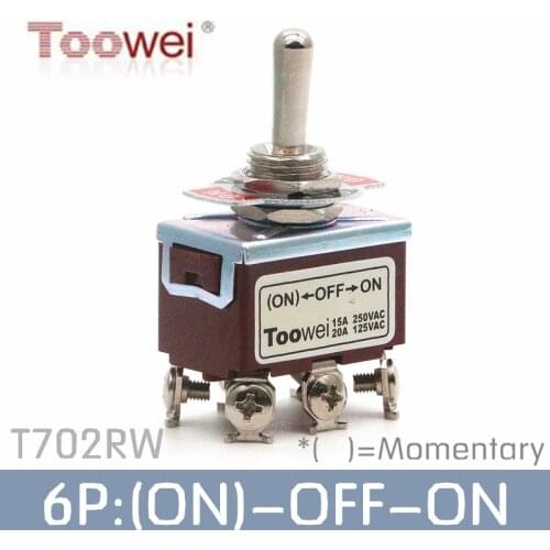 Toowei T702RW 6 pins momentary toggle switch ON-OFF-(ON) 15A 250V/ 20A 125V Assembly hole 12mm/ screw contact