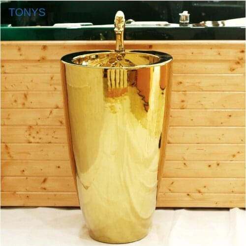 High-end Bathroom Sink Golden Ceramic Round Column Wash Basin Hotel Club Personalized Pedestal Sinks Bathroom Basin Faucet Set