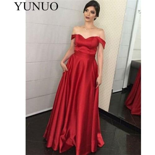 YuNuo 2019 Red A-Line Evening Dresses Long Off The Shoulder Simple Graduation Party Gowns with Pockets abiti cerimonia N28