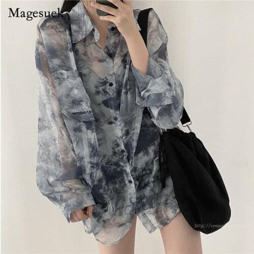 2021 Summer Spring Korea Women Shirt Chiffon Polo-neck Shirt Casual Vintage Loose Shirt Long Sleeve Shirt for Women Blusa 14728
