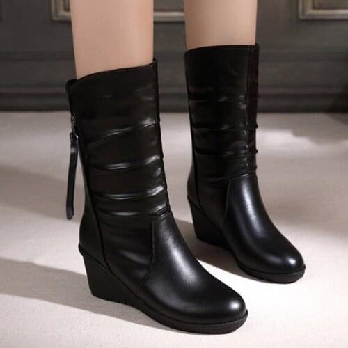 2021Winter Boots Women Boots Wedge Mid Calf Boots Women Shoes Black Fashion Mother Shoes Leather Boots Round Toe Ladies Shoes