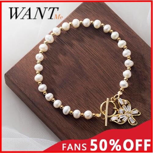 WANTME Real 925 Sterling Silver Natural Baroque Pearl Bead Charm Pavé Zircon Hollow Butterfly Bracelet for Women Wedding Jewelry