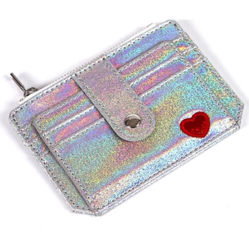 Laser PU Leather Card Holder Pocket Business Credit Case Womens Love Embroidery Zipper Buckle Coin Purse Small Wallet Organizer