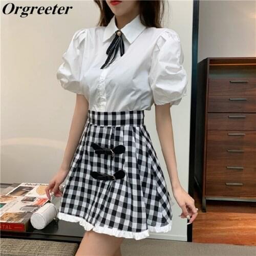 Harajuku y2K Two piece set Women 2021 Summer Lapel Puff Sleeve Bowknot Shirt + High Waist Skirts Retro Plaid Mini Skirts Suits