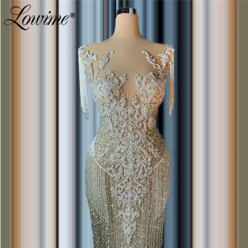 Lowime Customized Beading Tassel Illusion Evening Dresses Middle East Mermaid Long Party Gowns Dubai Robe De Soiree Prom Dresses